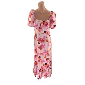 London Times Midi Dress Womens 6 Pink Floral Puff Sleeve Square Neck Ruffle Hem
